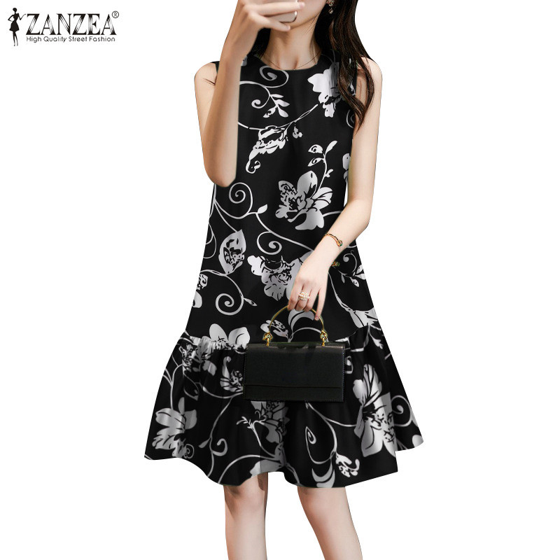 Zanzea ผู ้ หญิงเกาหลีรอบคอปุ ่ ม Ruffle Hem ดอกไม ้ พิมพ ์ ชุดเดรสแขนกุด