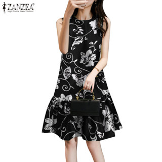 Zanzea ผู ้ หญิงเกาหลีรอบคอปุ ่ ม Ruffle Hem ดอกไม ้ พิมพ ์ …