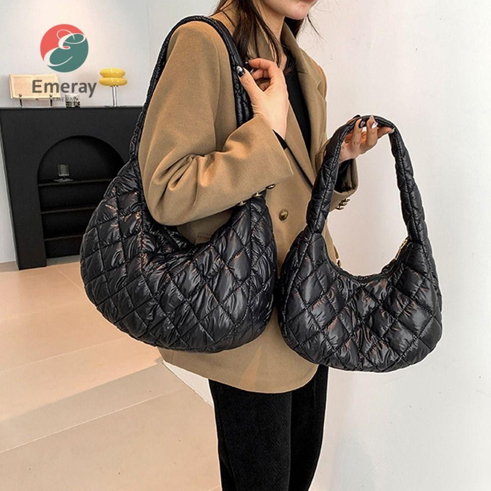 Emeray Quilted Tote Bag,ความจุขนาดใหญ่ลงกระเป๋าสะพายเบาะผ้าฝ้าย,ลําลองสีทึบกระเป๋าถืออ้วนผู้หญิงสาว