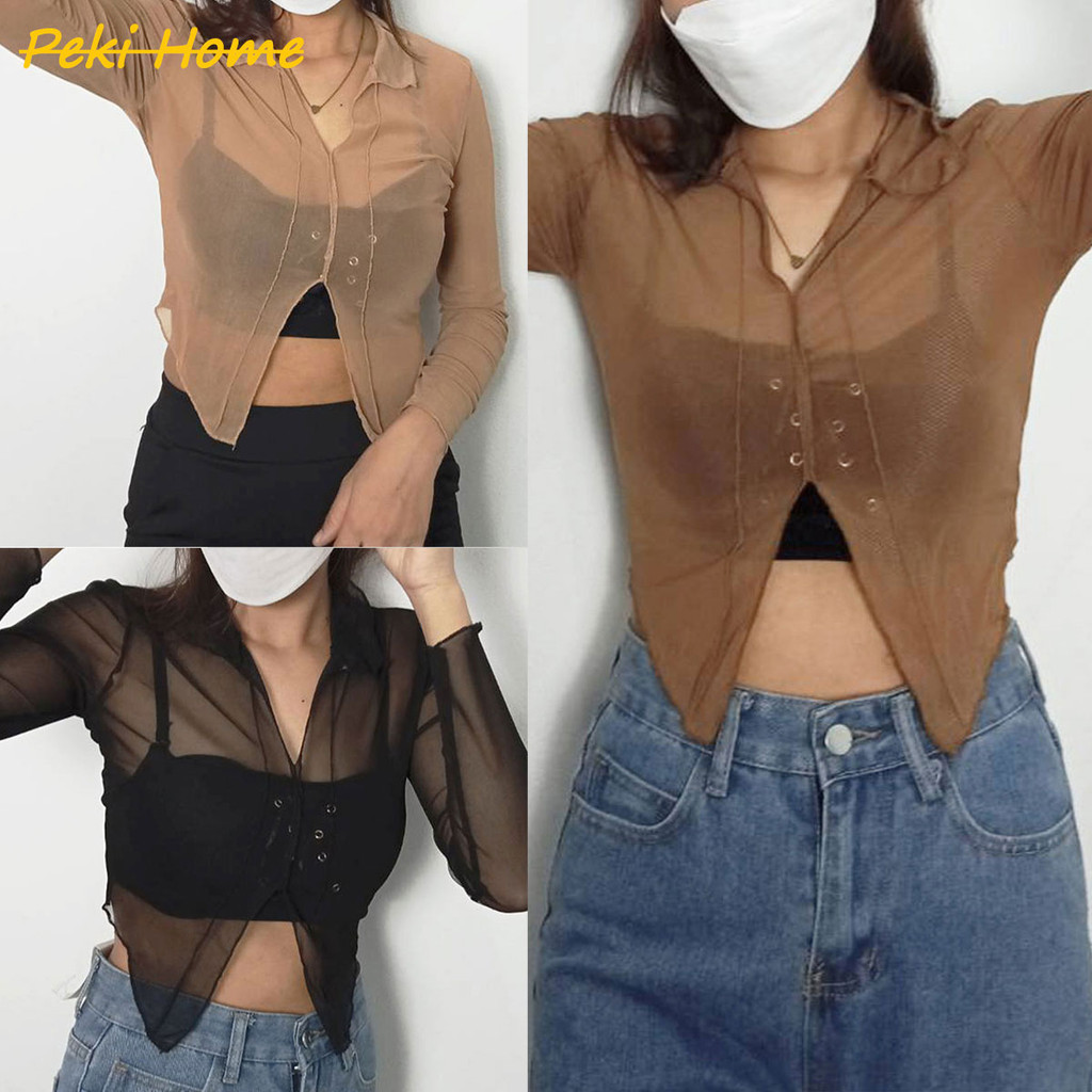 เสื้อครอป แขนสั้น ซีทรู ผ้าโปร่ง เสื้อครอปเเขนยาวคอปกสีพื้น
