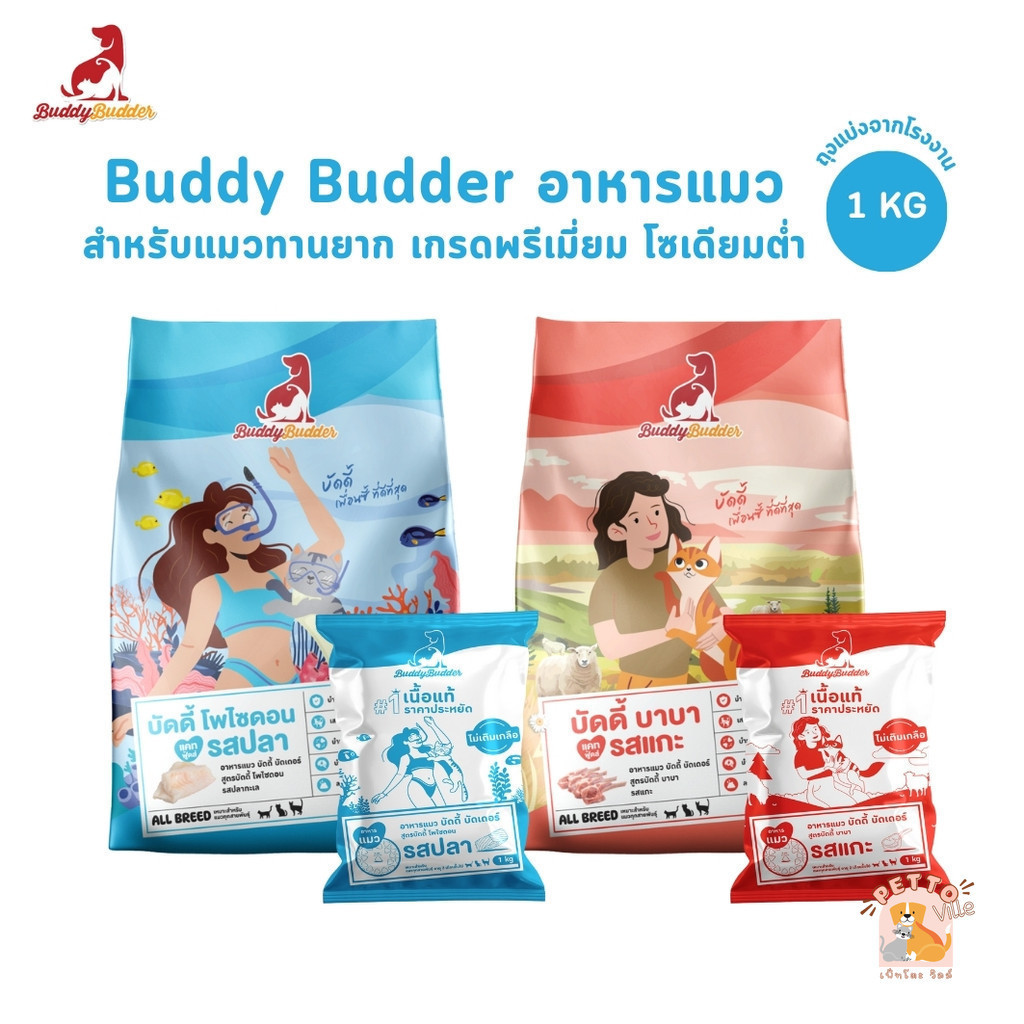Buddy Budder อาหารแมว เกรดพรีเมี่ยม สำหรับแมวทานยาก โซเดียมต่ำ ถุงบรรจุจากโรงงาน 1 kg