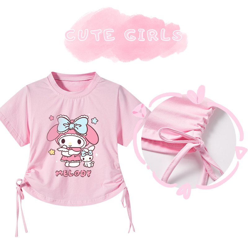 SANRIO สาว เชือกรูด เสื้อยืดน่ารักสไตล์หวานฤดูร้อนเสื้อผ้าเด็กแฟชั่นการ์ตูน ซานริโอ พิมพ์ผ้าฝ้ายนุ่มท็อปส์