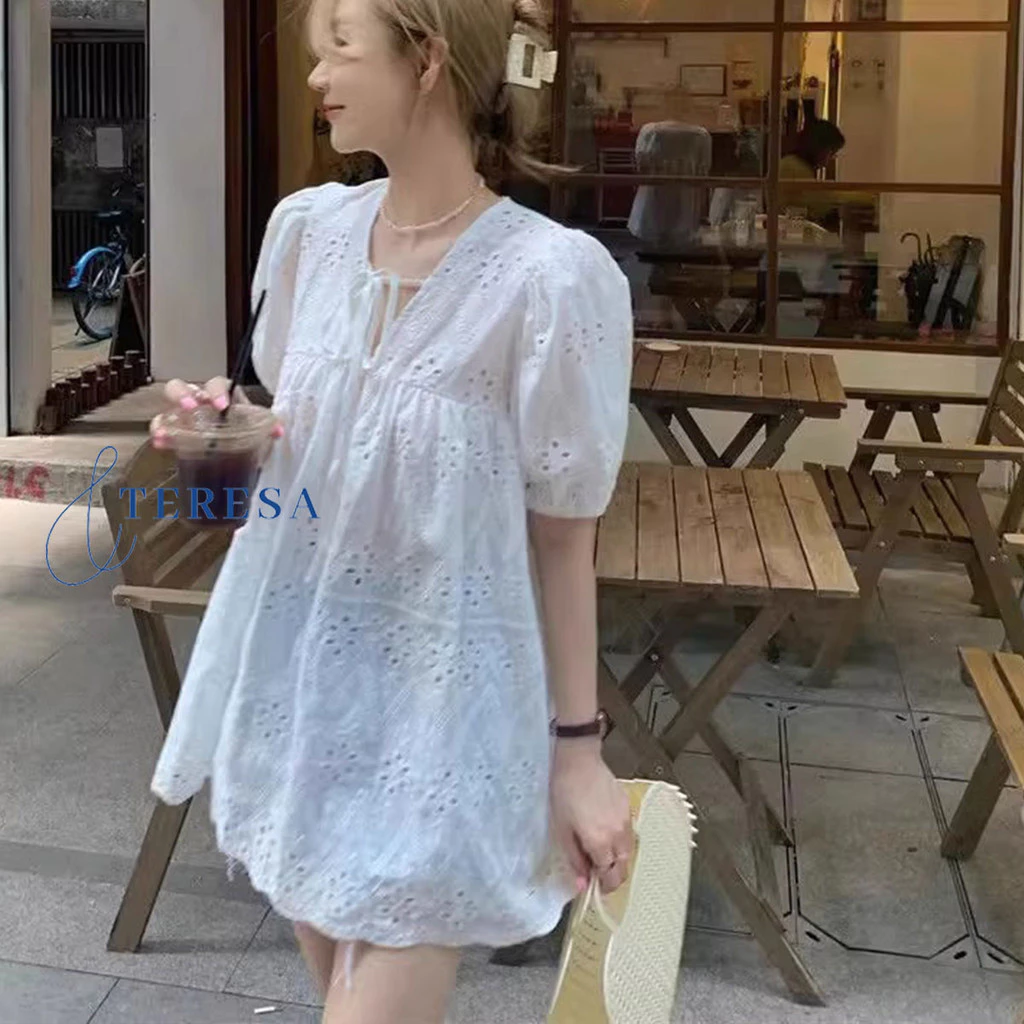 เสื้อลูกไม้แขนสั้น แขนตุ๊กตา สีขาวสไตล์ไทยๆ