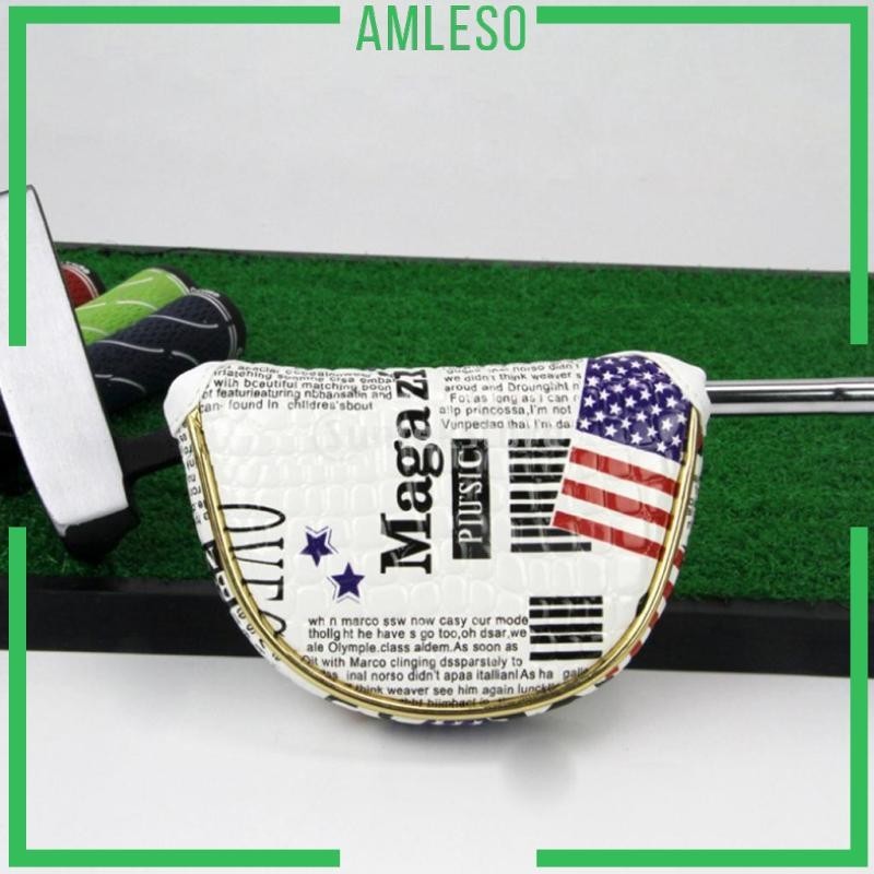 [ Amleso ] PU USA Mallet Putter Cover Golf Headcover Retro หนังสือพิมพ ์ ครึ ่ งวงกลม Center Putters Sleeve