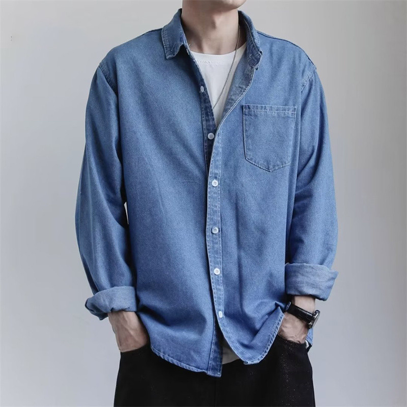 เสื้อเชิ้ตผู้ชาย เสื้อเชิ้ตยีนส์บางฤดูร้อนเวอร์ชั่นเกาหลีผู้ชายหล่อเสื้อแจ็คเก็ตสีน้ําเงินแบบสบาย ๆ