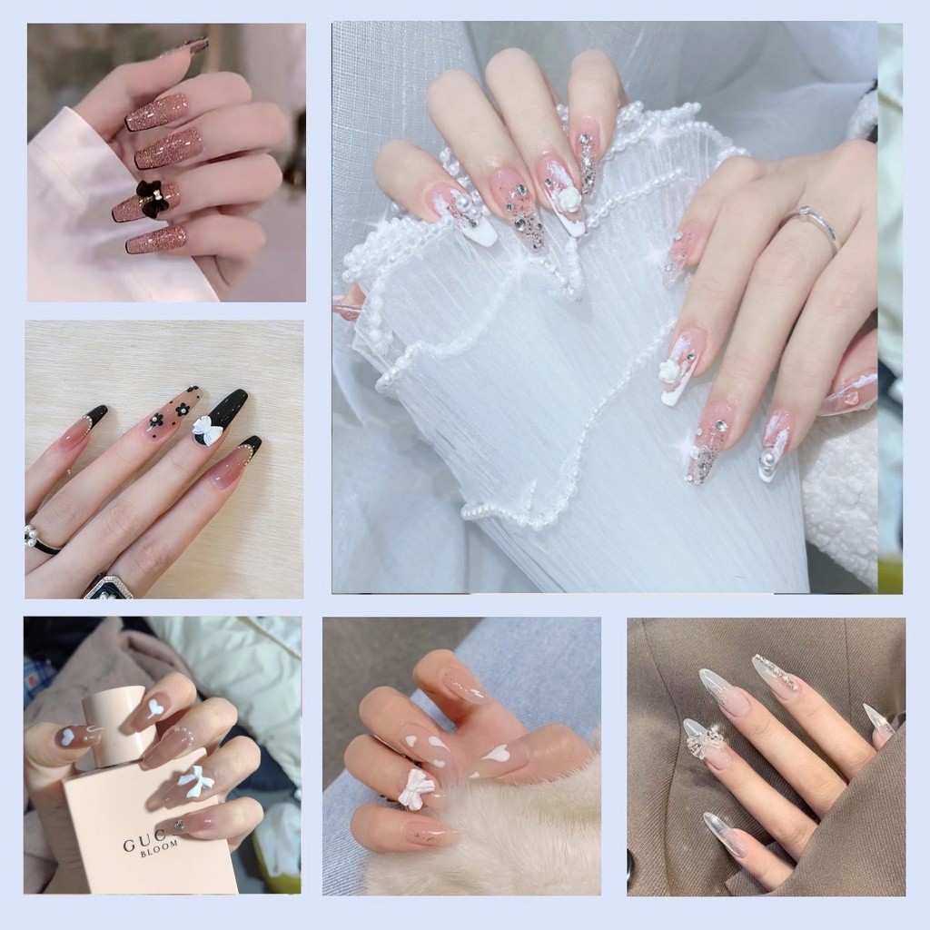เล็บปลอม พลอยเทียม 3D DIY  พร้อมหินฝังเพชรเทียม และกาว ประหยัดเวลา สําหรับตกแต่งเล็บ 【24 ชิ้น】