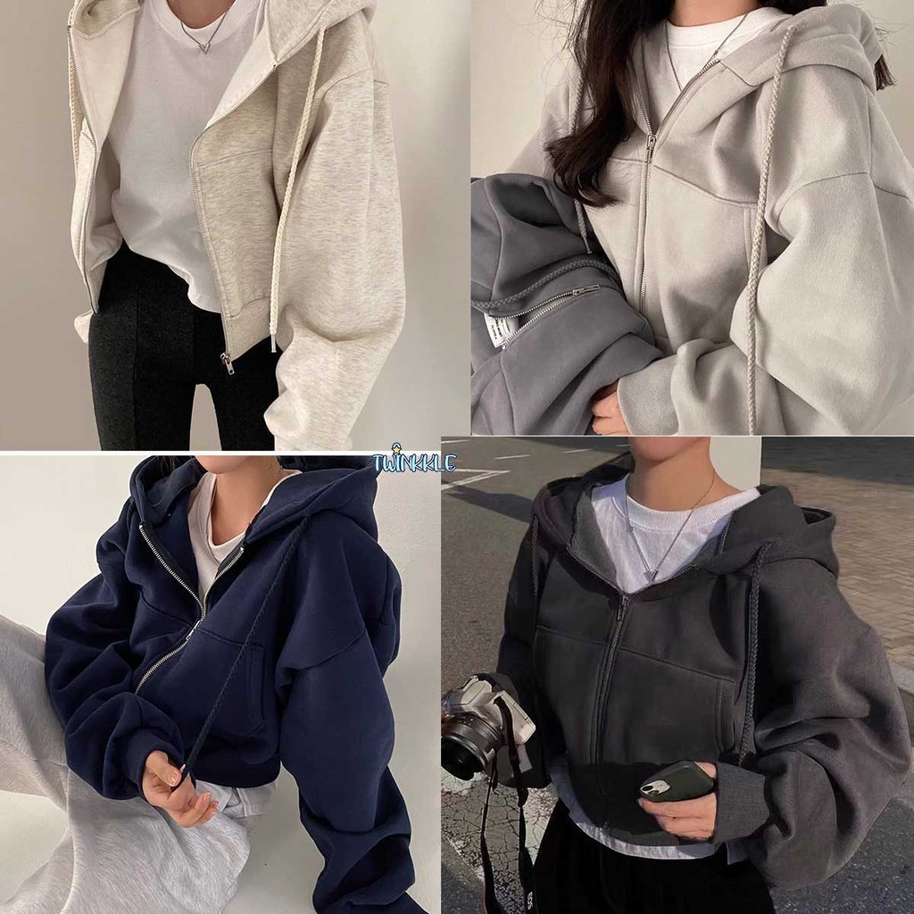 เสื้อแจ็กเก็ตครอป เนื้อผ้าอย่างดี มีฮู้ด ทรงหลวม สีพื้น สไตล์เกาหลี