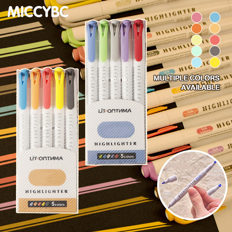 [MICCYBC ] 5 ชิ้น Double Headed Highlighter ปากกาสําหรับเด ็ ก Retro สี Doodle ปากกานักเรียน Macaron สี Highlighters ปากกาสําหรับนักเรียน