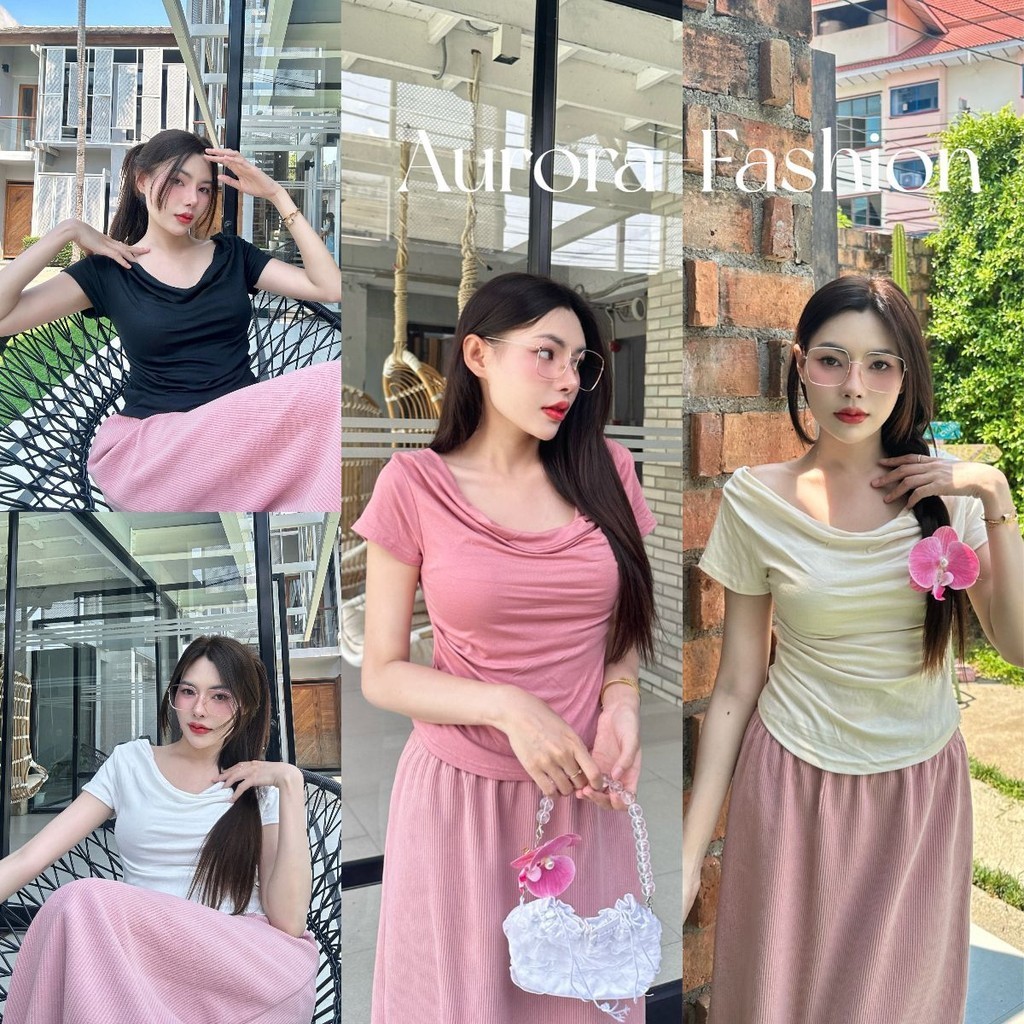 Aurora พร้อมส่ง (รูปถ่ายจากงานจริง) เสื้อเปิดไหล่ ปาดไหล่ แขนสั้น ใส่ได้2แบบ รัดรูป ผู้หญิง แขนสั้น สีพาสเทล เสื้อครอป