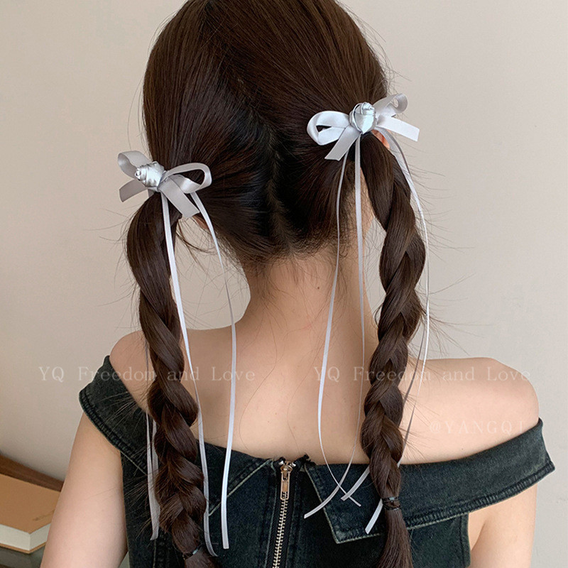 บัลเล่ต์สีเงินดอกไม้โบว์โบว์ริบบิ้นผมผู้หญิงด้านหลังศีรษะคู่หางม้าสานเครื่องประดับผม