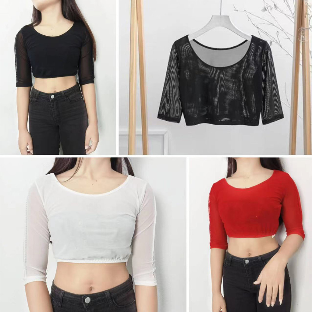 เสื้อครอปผู้หญิง คอกลม ผ้ายืด สไตล์เซ็กซี่ พร้อมส่ง