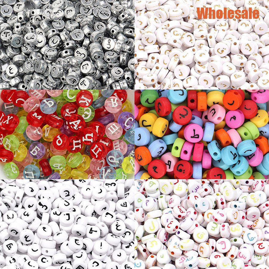 100pcs 7 มม.อะคริลิค DIY ลูกปัดหลวมผสมตัวอักษรภาษาอาหรับ Charms Multicolor สําหรับสร ้ อยคอสร ้ อยข ้ อมือเครื ่ องประดับทําอุปกรณ ์ เสริม Handmade วัสดุ