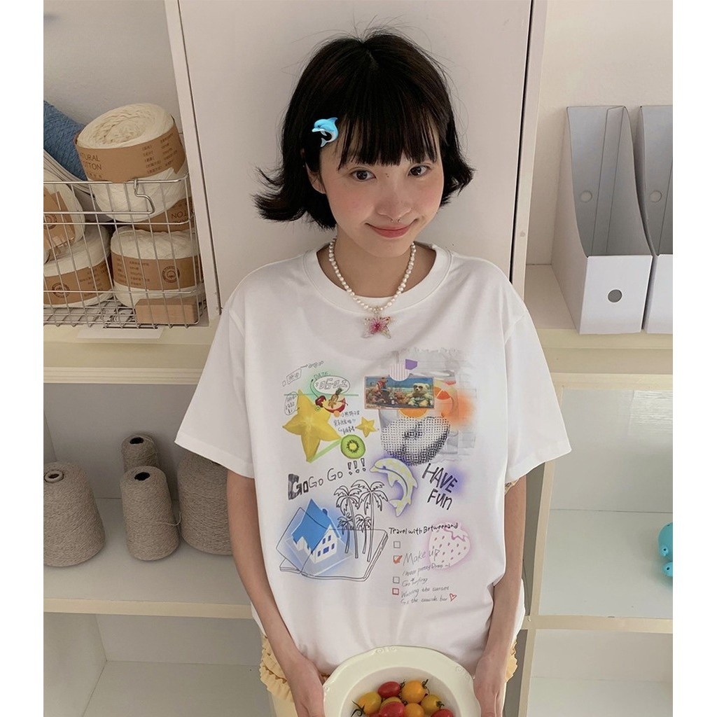 (จัดส่งตลอด 24 ชั่วโมง）OOOK Official เสื้อยืดแฟชั่น Oversize สไตล์เกาหลี เสื้อยืดแขนสั้น พิมพ์ลายดิจิตอลสวย มินิมอล