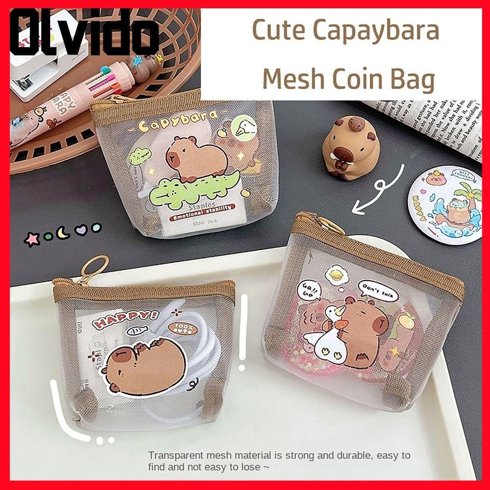 กระเป๋าสตางค์เหรียญ OLVIDO, Capybara Rabbit Panda Mesh Key Card ที่วางลิปสติก, น่ารักการ์ตูนอะนิเมะหูฟังกระเป๋าเก็บสําหรับนักเรียนหญิง