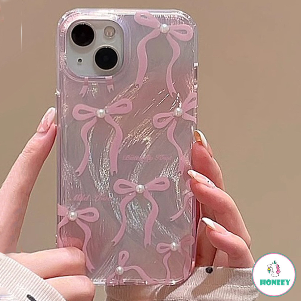 Girly เกาหลี Pearl Bowknot เลเซอร์ Feather เส้นด้ายเคสโทรศัพท์สําหรับ Iphone 11 15 14 Pro Max 12 13 Promax 15/14 Plus XR XS 7Plus 8Plus Bling กันกระแทก IMD Hard ฝาหลัง