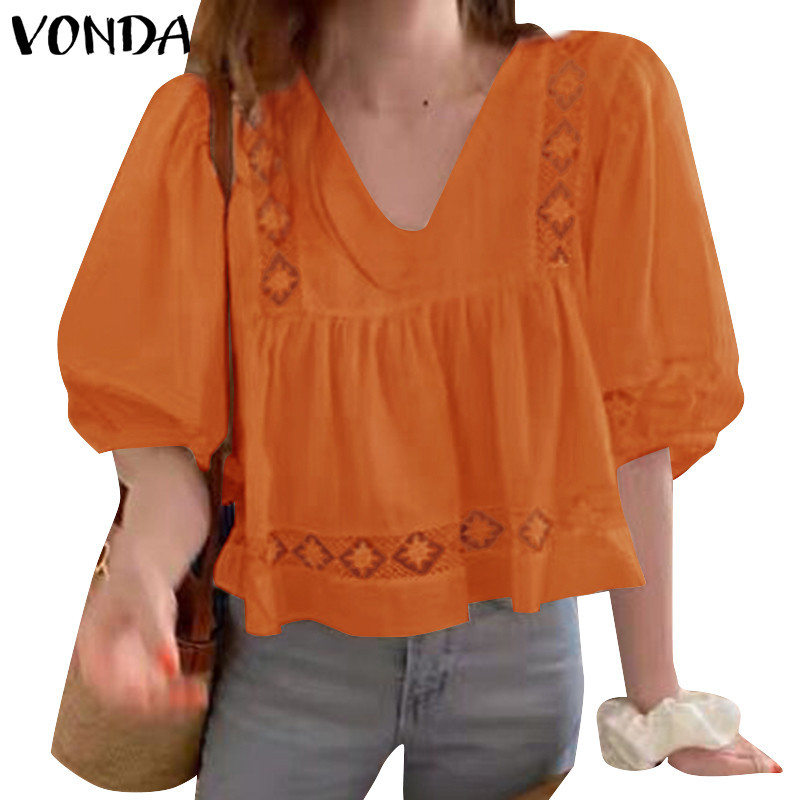 Vonda ผู ้ หญิงเกาหลีแฟชั ่ นลําลองคอวีพัฟแขนเสื ้ อ Patchwork