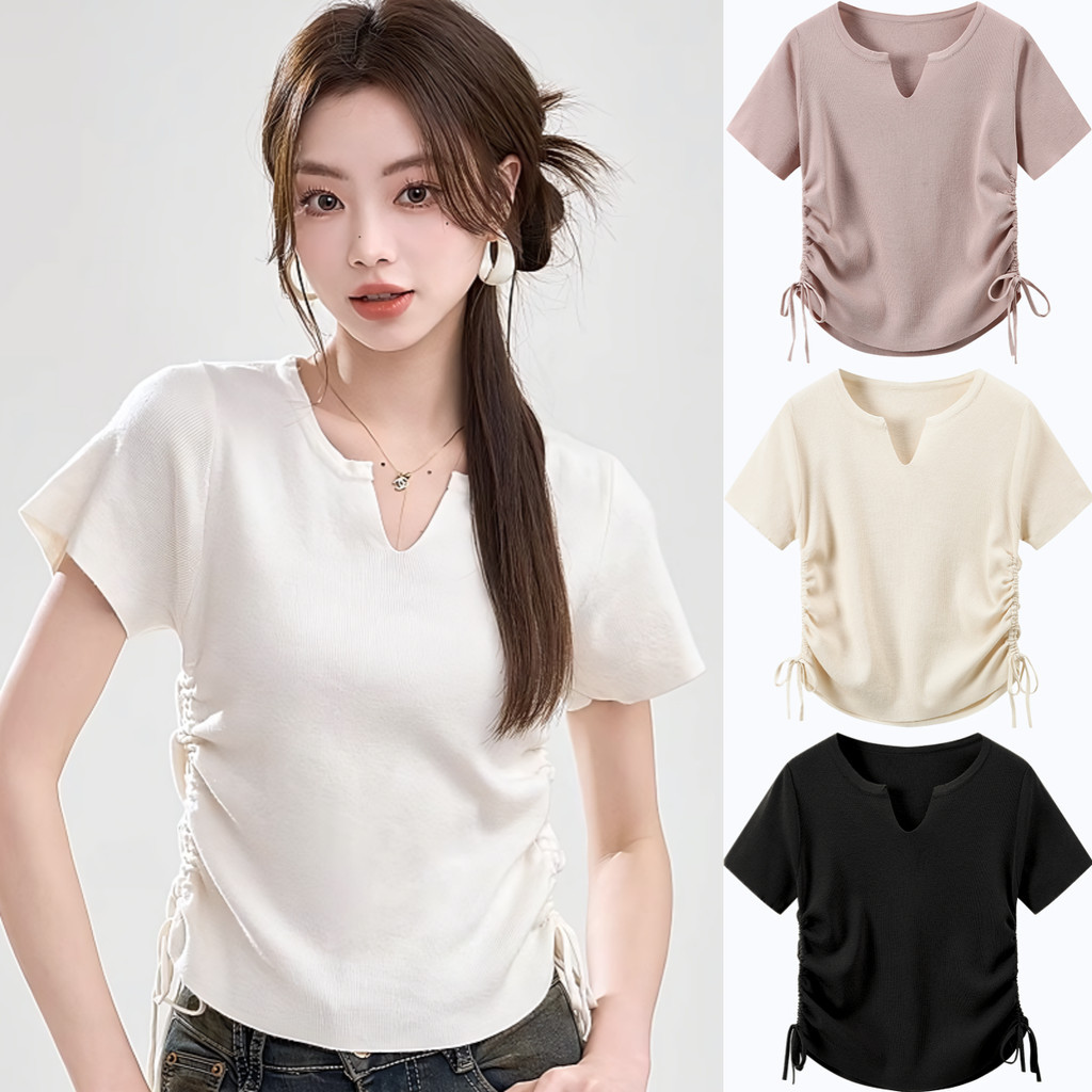 Suysuy พร้อมส่ง เสื้อยืด แขนสั้น ผ้าเรยอน คอวี แต่งเชือกด้านข้าง รูดได้เป็นสม็อก สำหรับผู้หญิง