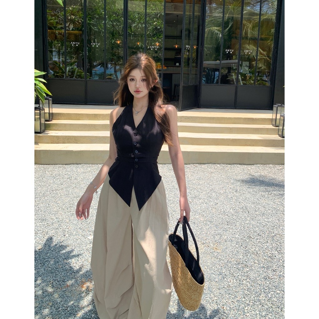 Liasynn สไตล์อเมริกัน Black Hemp Dovetail Symmetrical จีบเสื้อกั๊ก Slim-fit Halter Top Bloomer กางเกงขากว้างกางเกงจีบชุด Order Separ