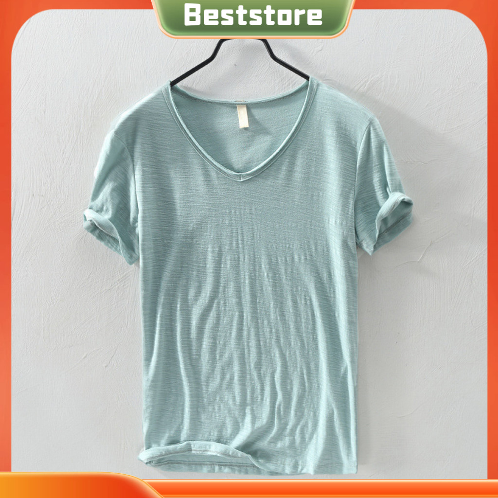 Beststore|  เสื้อยืดผู้ชาย ผู้ชาย เสื้อยืดคอวี ฤดูร้อนผู้ชายคอวีเสื้อยืดระบายอากาศสไตล์สบายๆทีสําหรับเอเชียตะวันออกเฉียงใต้นักซื้อ