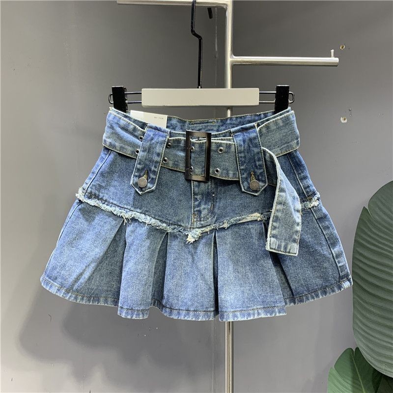 สาวร้อนฤดูร้อน Slimmer ดูสไตล์ใหม่ Denim ขนาดเล็กสีฟ้า a-Line กระโปรงจีบ 2024 Retro กระโปรง YXP2