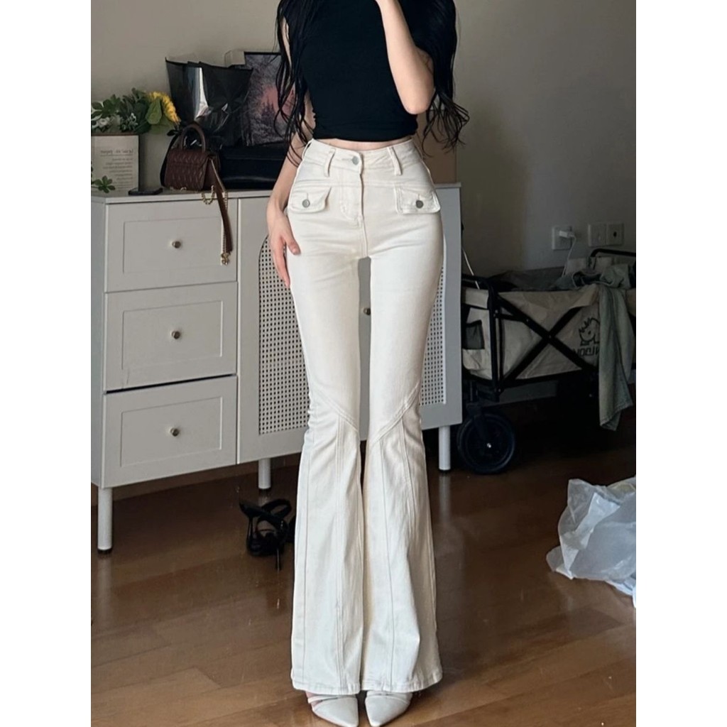 Flared กางเกงยีนส์ 2025 สไตล์ใหม่หญิงสไตล์เกาหฤใบไม้ร่วง Flared กางเกงสาวเอวสูง Retro Slimmer ยืด All-Match ZXEF