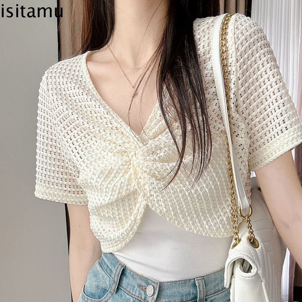 Isitaft ตาข่ายถักเสื้อสวมหัว,แขนสั้น Knot Hollow Out Crop Top, Casual V คอสไตล์โบฮีเมียนสไตล์เกาหลีป้องกันแสงแดดผ้าคลุมไหล่ T เสื้อผู้หญิง