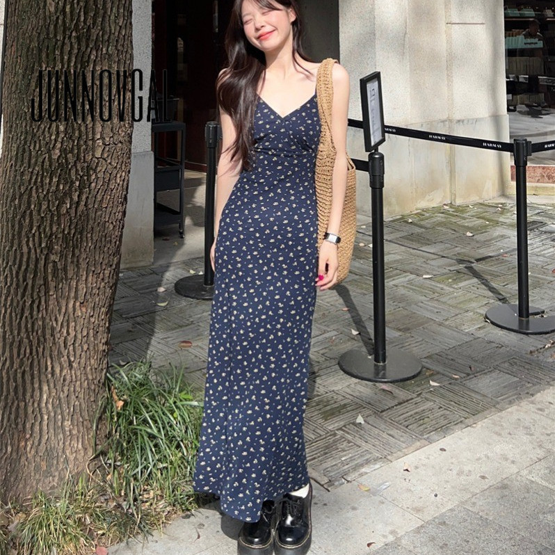 Junnovgal ผู้หญิง Midi Dress 2024 Halter Polka Dotted พิมพ์สไตล์ใหม่แขนกุด Nipped เอว