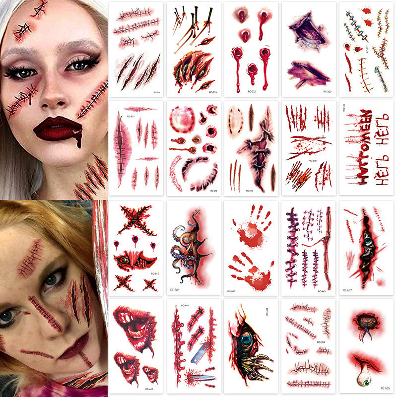 ฮาโลวีนสยองขวัญที่สมจริงปลอม Bloody Wound Stitch แผลเป็น Scab กันน้ําชั่วคราว Tattoo สติกเกอร์ Masqu