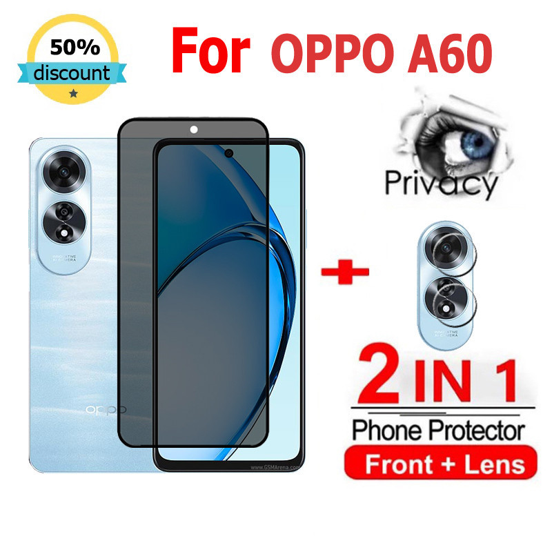 2 in 1 ฟิล์ม OPPO A60 ฟิล์มกระจกนิรภัยกันรอยหน้าจอ กันแอบมอง เพื่อความเป็นส่วนตัว สําหรับOPPO A18 A58 A79 A59 A98 A78 A96 Reno 12 11F 8T 10 Pro Plus 5G ฟิล์มกันรอย ฟิล์มกล้อง