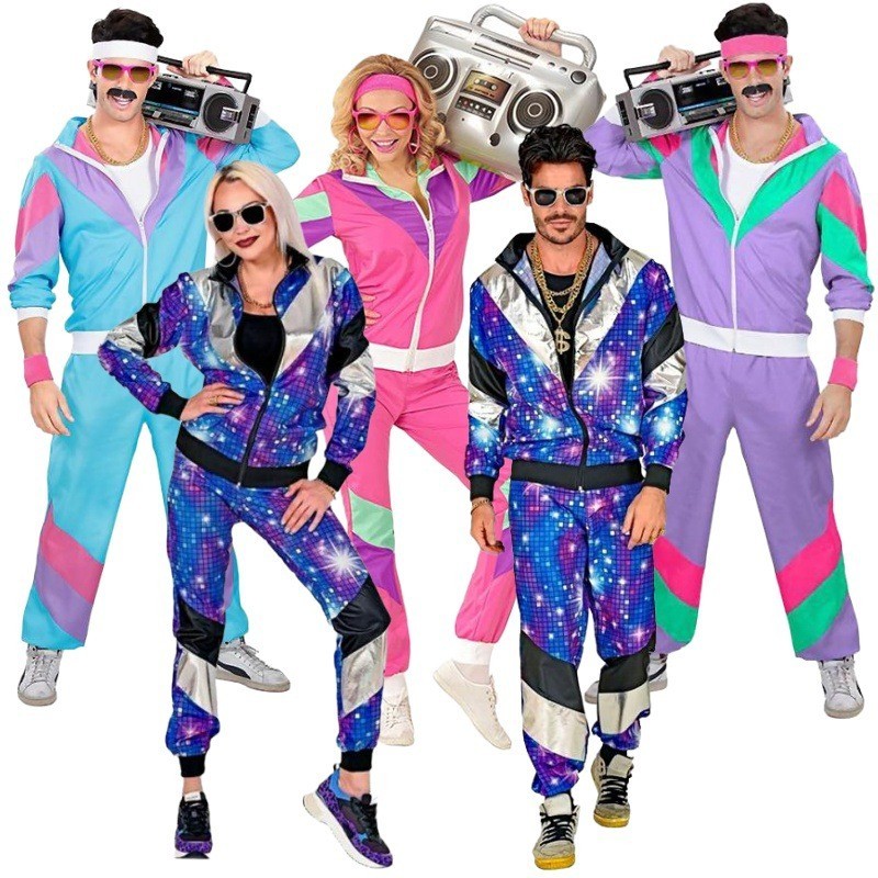 Carnival Disco Retro อินเทรนด์ปาร์ตี้เวทีเครื่องแต่งกาย 80s เครื่องแต่งกายชุดกีฬาแจ็คเก็ตและกางเกง
