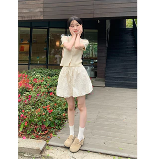 Gakki เสื้อยืดแขนสั้นปักหมี เสื้อสเวตเตอร์แขนสั้นผู้หญิง พร้อมส่ง 72056#