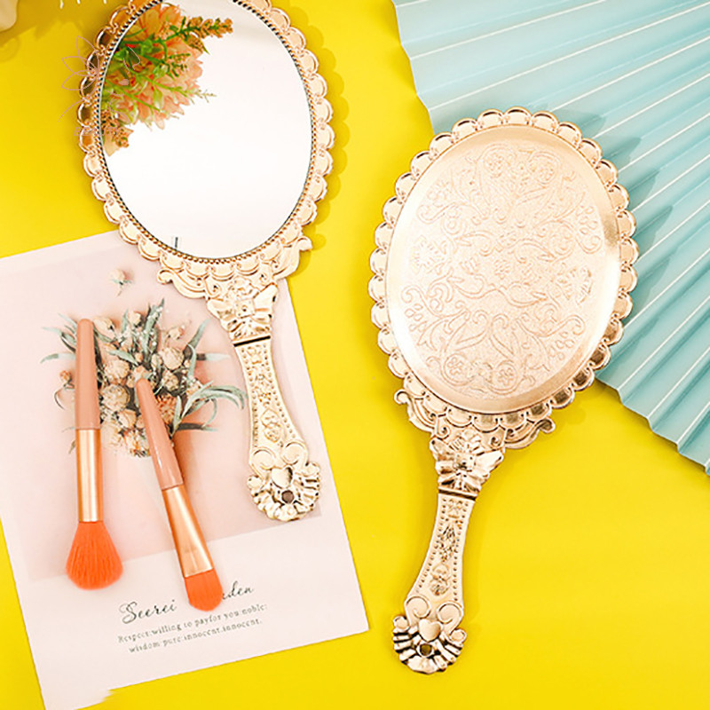 [maybeauty] Rose Gold กระจกแต่งหน้าวินเทจแบบพกพา Hand Hold รูปไข่รอบกระจก Noble คืนวิธีโบราณ Court Mirror เครื่องมือความงาม {TH}