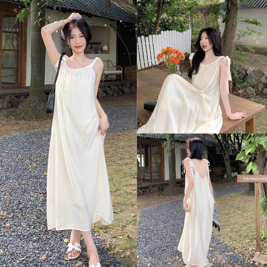Hotgirl พร้อมส่ง ชุดเดรสแฟชั่นผู้หญิง เดรสยาวแอพริคอต กระโปรงยาวชายหาด สลิงเซ็กซี่ สไตล์อ่อนโยน ไปเที่ยว