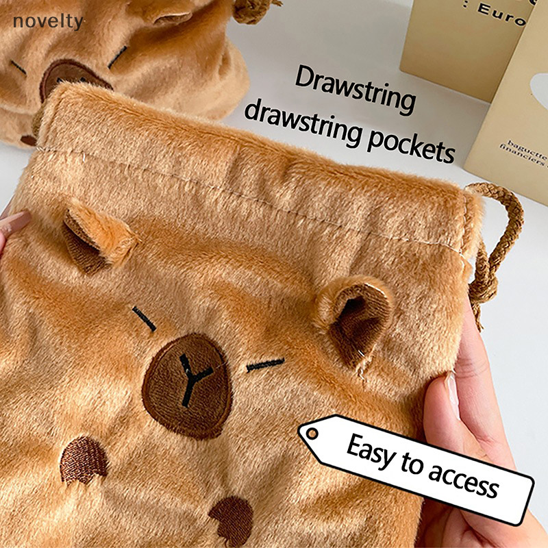 Nly ใหม่ Capybara Plush Porpoise Drawstring Bundle กระเป๋าแบบพกพา Plush กระเป๋าขนาดใหญ่ความจุกระเป๋าถือ Casual น้ําหนักเบากระเป๋าเดินทาง N