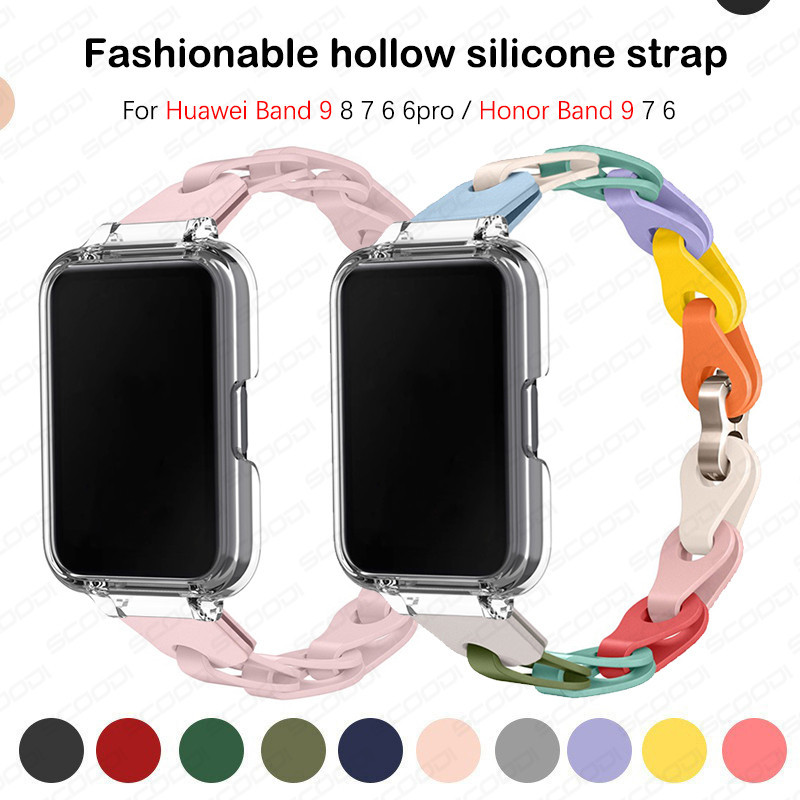 สายรัดข้อมือแบบกลวงพร้อมเคสสำหรับ Huawei Band 10 9 8 7 6 6pro สายรัดข้อมือซิลิโคนหลากสีสำหรับ Honor Band 10 9 7 6 อุปกรณ์เสริมสำหรับออกกำลังกายแบบเปลี่ยนได้