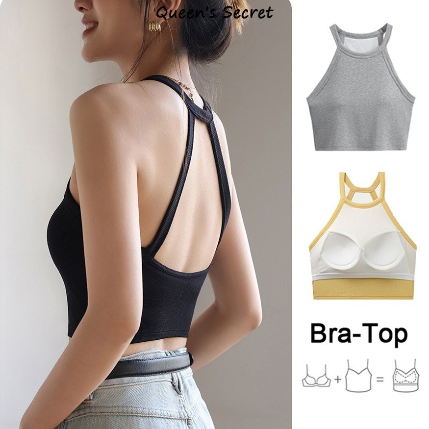 [Queen Secret] เสื้อครอปปาดไหล่สไตล์เรโทรพร้อมถ้วยเบาะและคัตเอาท์ด้านหลัง บราสั้นสําหรับผู้หญิง