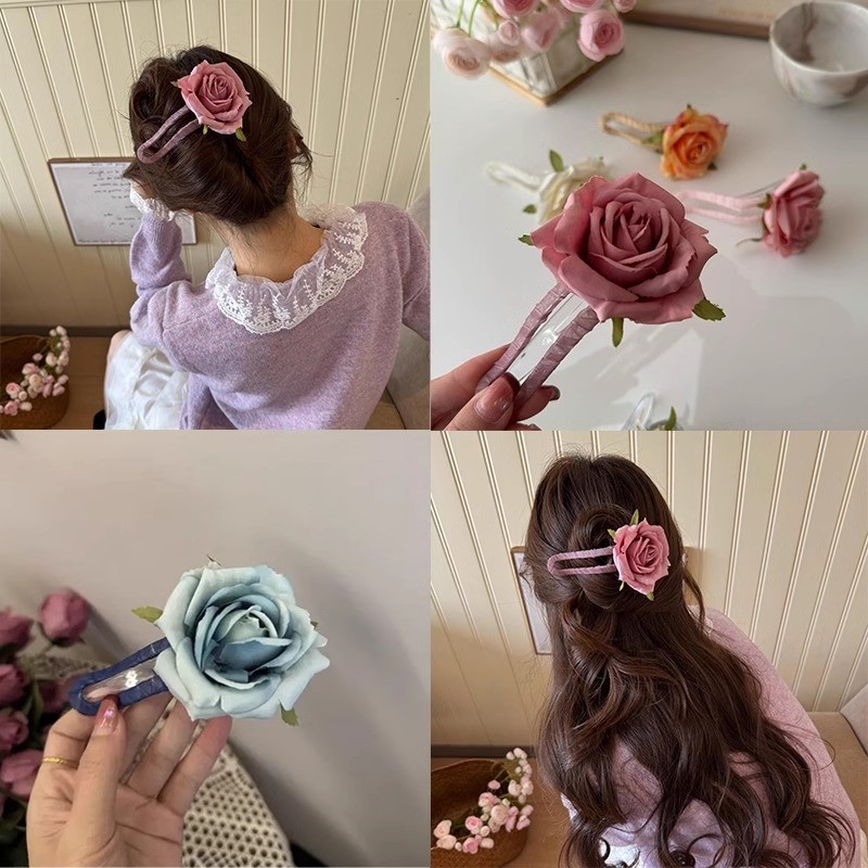 โรแมนติกจําลองดอกกุหลาบ ใบเรียกเก็บเงินเป็ด คลิปหญิงฤดูใบไม้ผลิฤดูร้อนบรรยากาศกิ๊บหวานอ่อนโยนกลับหัวกิ๊บคลิป