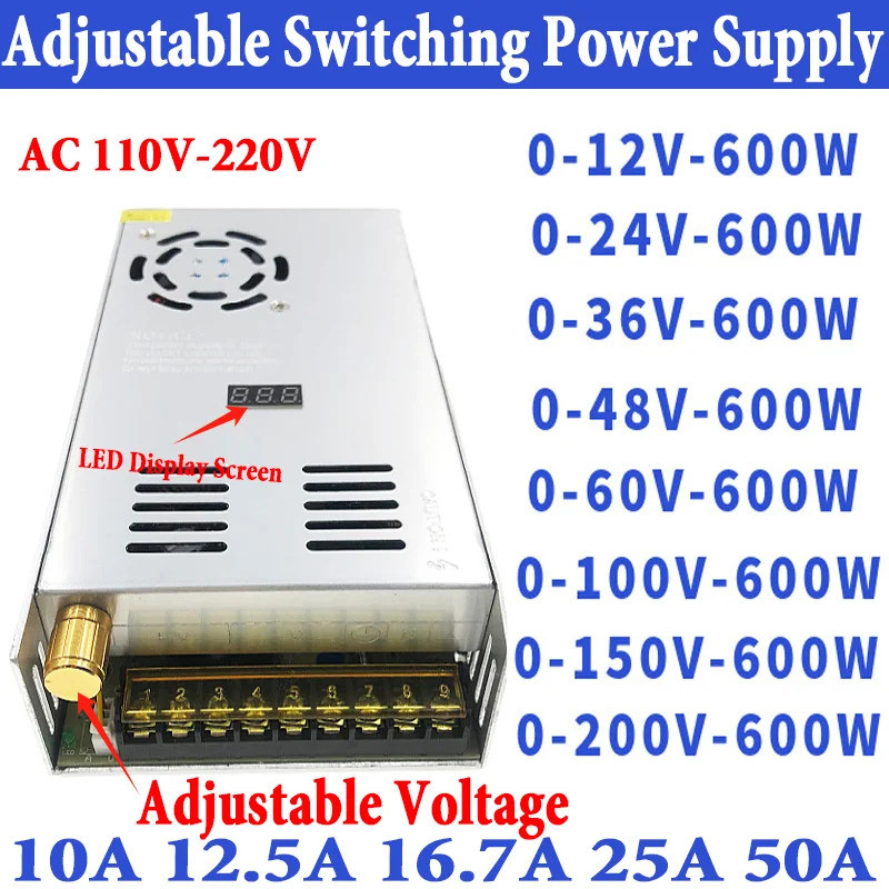 600W DC Power Supply AC 110V 220V ปรับ DC 0- 12V 24V 36V 48V 60V 100V 150V 200V 10A 12.5A 16A 25A 50
