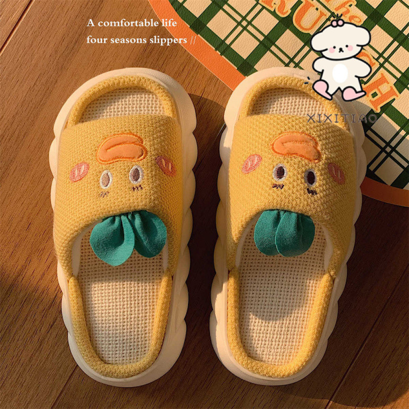 Xitiao หญิงฤดูใบไม้ผลิฤดูใบไม้ร่วงน่ารัก Childlike สาวหัวใจผ้าลินินรองเท้าแตะนักเรียน Four Seasons Home นุ่มหนา Soled Confinement ผ้าฝ้ายผ้าลินินรองเท้าแตะ