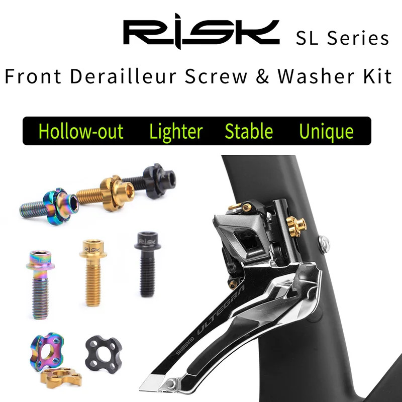 Risk M5x16 มม.สกรูไทเทเนียมกลวงพร้อมเครื่องซักผ้า Arc สําหรับจักรยาน Derailleur ด้านหน้า Fixing Road Bike Shift Bolt ปะเก็น 5*16