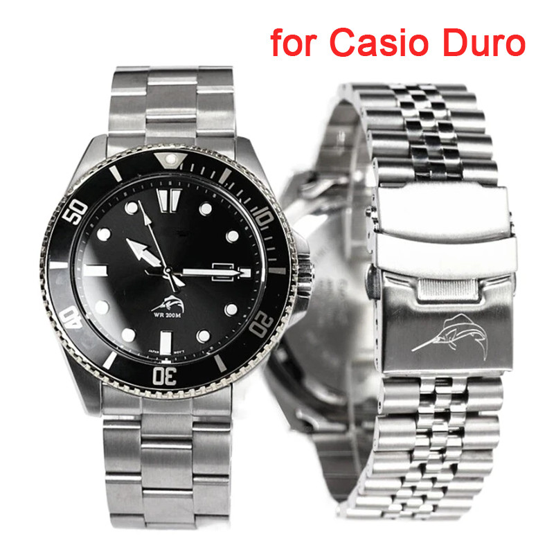 สายสแตนเลสโลหะสําหรับ Casio Duro MDV-107-1A MDV-106 Marlin 22 มม.เปลี่ยนผู้ชายดําน้ําปลายโค้งนาฬิกาส