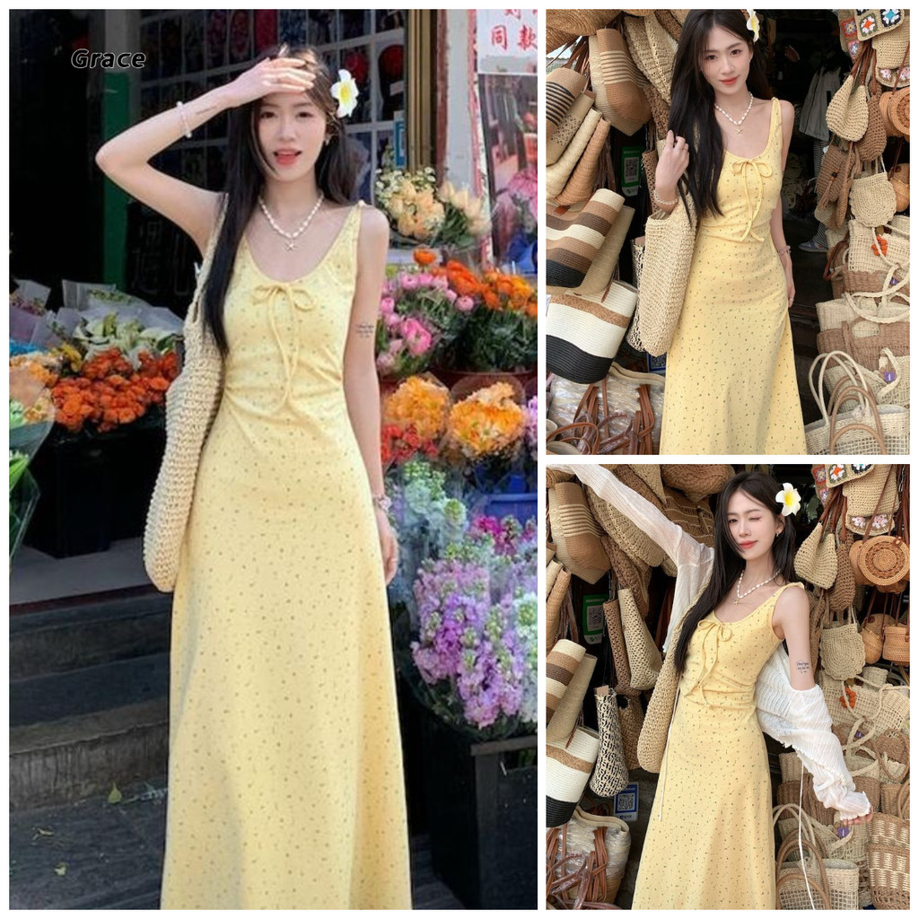 [Grace] 🌸 ชุดเชือกแขวนคอลายดอกไม้ 🌴 ฮาวายเดินทางเพรียวบางแสดงกระโปรงยาวสำหรับงานปาร์ตี้ถ่ายภาพ...GR7