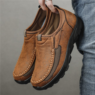 หนังผู้ชายรองเท้าลําลองรองเท้าไม่มีส้นรองเท้าผ้าใบแฮนด์เมดย้…