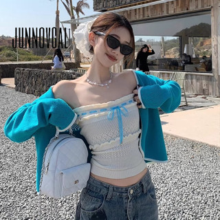 JUNNOVGAL คาร์ดิแกนผู้หญิง  ชุดสองชิ้นสีทึบแขนยาวแฟชั่นทุกวั…