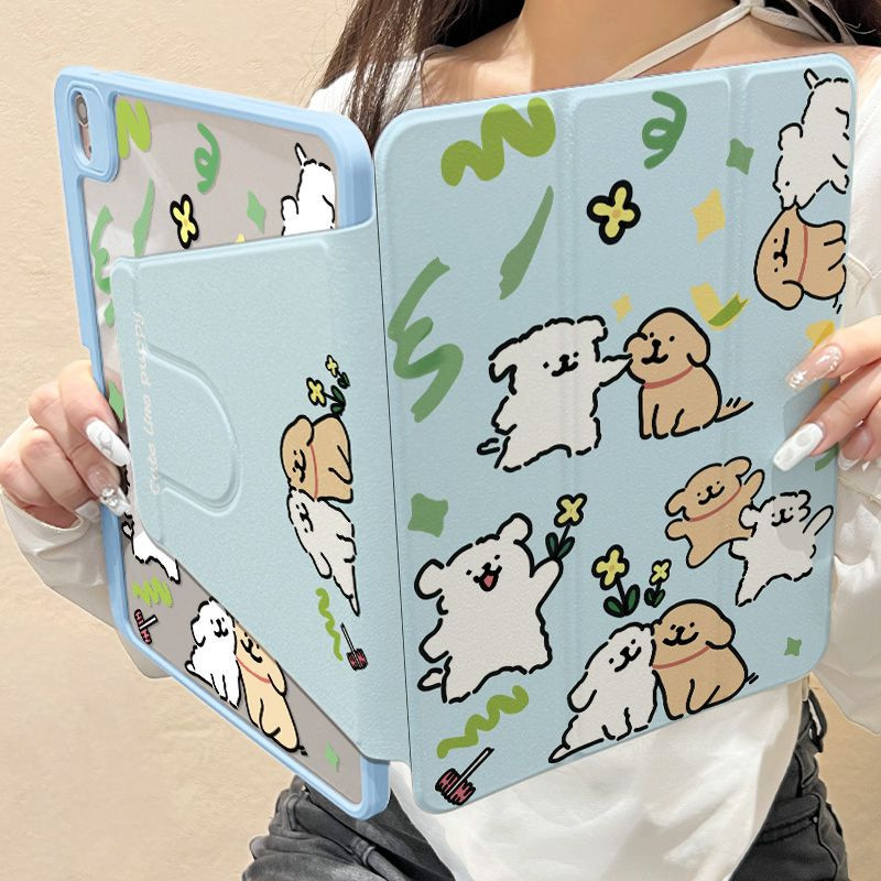 สําหรับกรณี iPad Air 7 M3 2025 Pro 11 2024 Air 6 5 4 10.9 11th A16 10th 9th 8th Gen 7th 10.2 Mini 6 7 กรณี Blue Line Puppy พร้อมที่ใส่ดินสอ 720° การหมุน