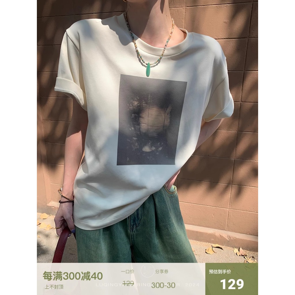 Xianchun 95 ผ้าฝ้ายแขนสั้นเสื้อยืดผู้หญิงฤดูร้อนพิมพ์ออกแบบรอบคอหลวมด้านในด้านบน 9NSI