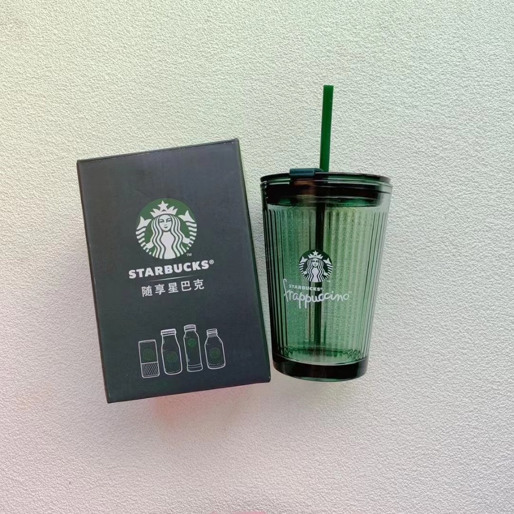 [รูปแบบใหม่] Sylvania 2025Starbucks-Small Green Cup Cherry Blossom Straw Double Drink ถ้วยกาแฟแก้วสีเขียวเข้ม