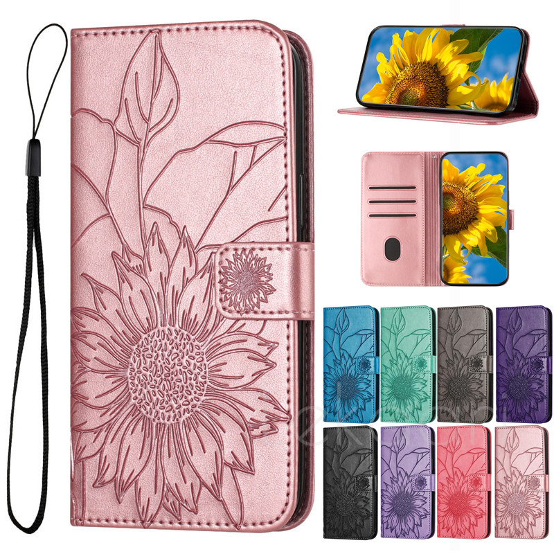 3DลายนูนสําหรับInfinix Hot 60i 60 50i 50 40iหมายเหตุ 40 สมาร์ท 10 9 8 Tecno Spark Go 2 Pro Plus 5Gกระเป๋าสตางค์หนังช่องใส่การ์ดSunflowerฝาครอบโทรศัพท์