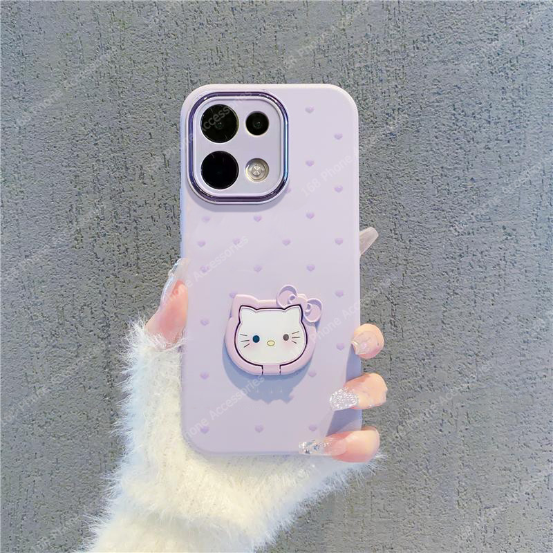 เคส OPPO Reno 13 14 5G เคส OPPO Reno 13 14 Pro 5G เคสการ์ตูนน่ารักคิตตี้แมวกันกระแทกเคสพร้อมคิตตี้ที่วางโทรศัพท์ขาตั้งกล้องป้องกันด้านนุ่มสีม่วงซิลิโคน Ins สไตล์โทรศัพท์