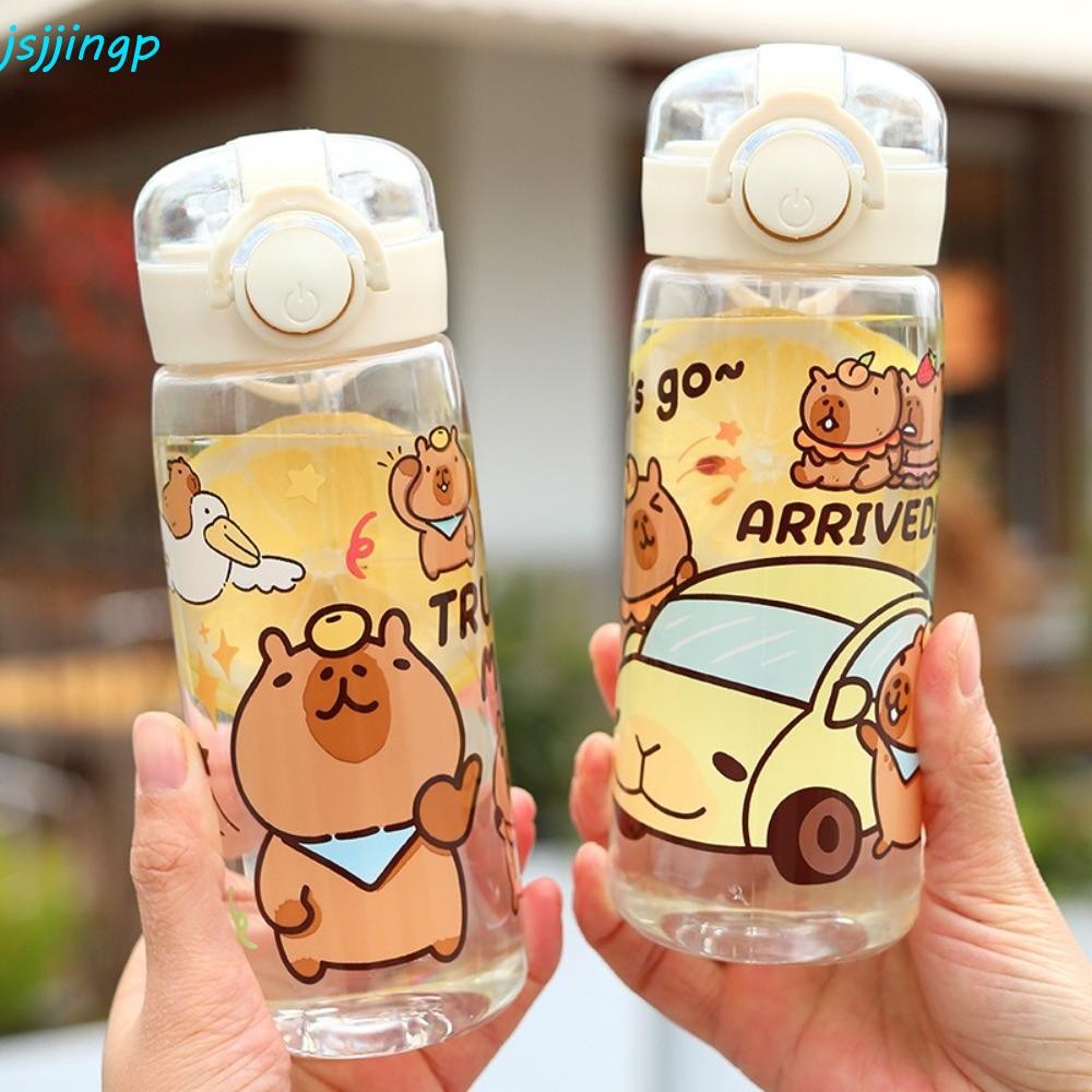 Jsjjingp กระติกน้ํา คาปิบาระ,โปร่งใสพร้อมฝาปิดฟางกีฬาฟางถ้วย,การ์ตูนความจุขนาดใหญ่รั่วซึม400มิลลิลิตรขวดน้ําพลาสติกเด็กนักเรียน
